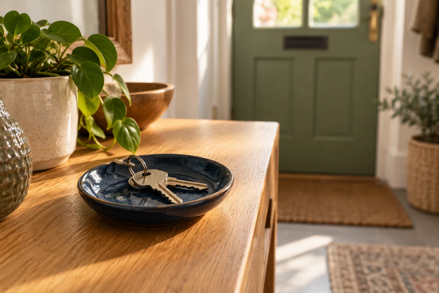 House keys in a blue dish beside a green front door