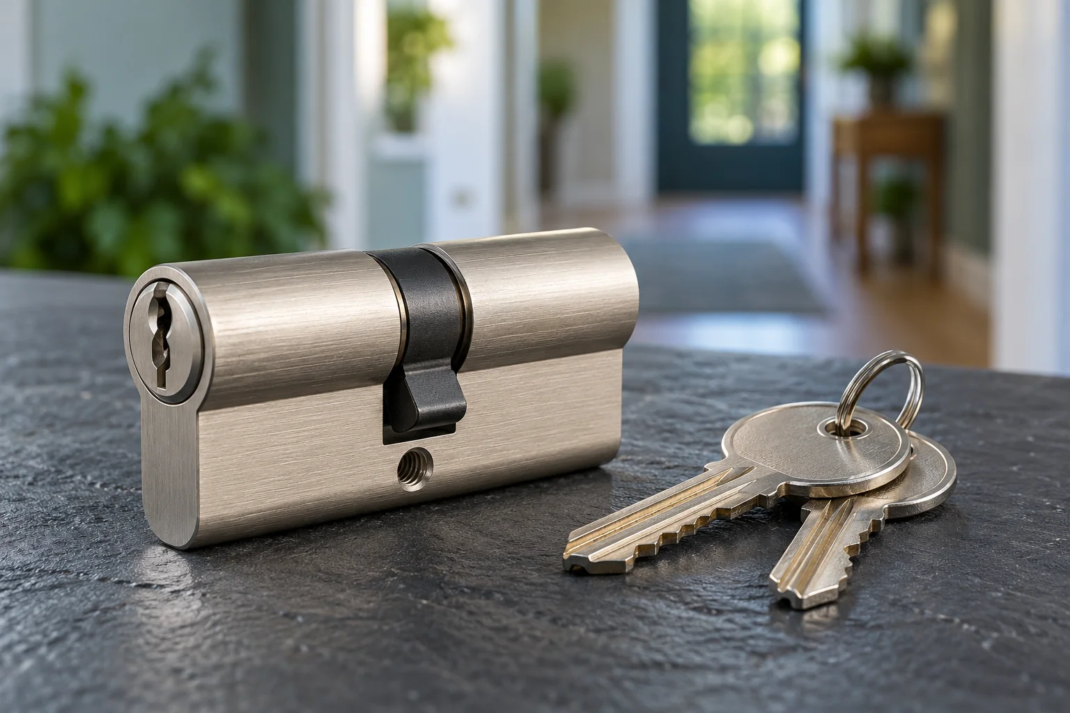 Brushed nickel house lock cylinder and keys on a dark surface