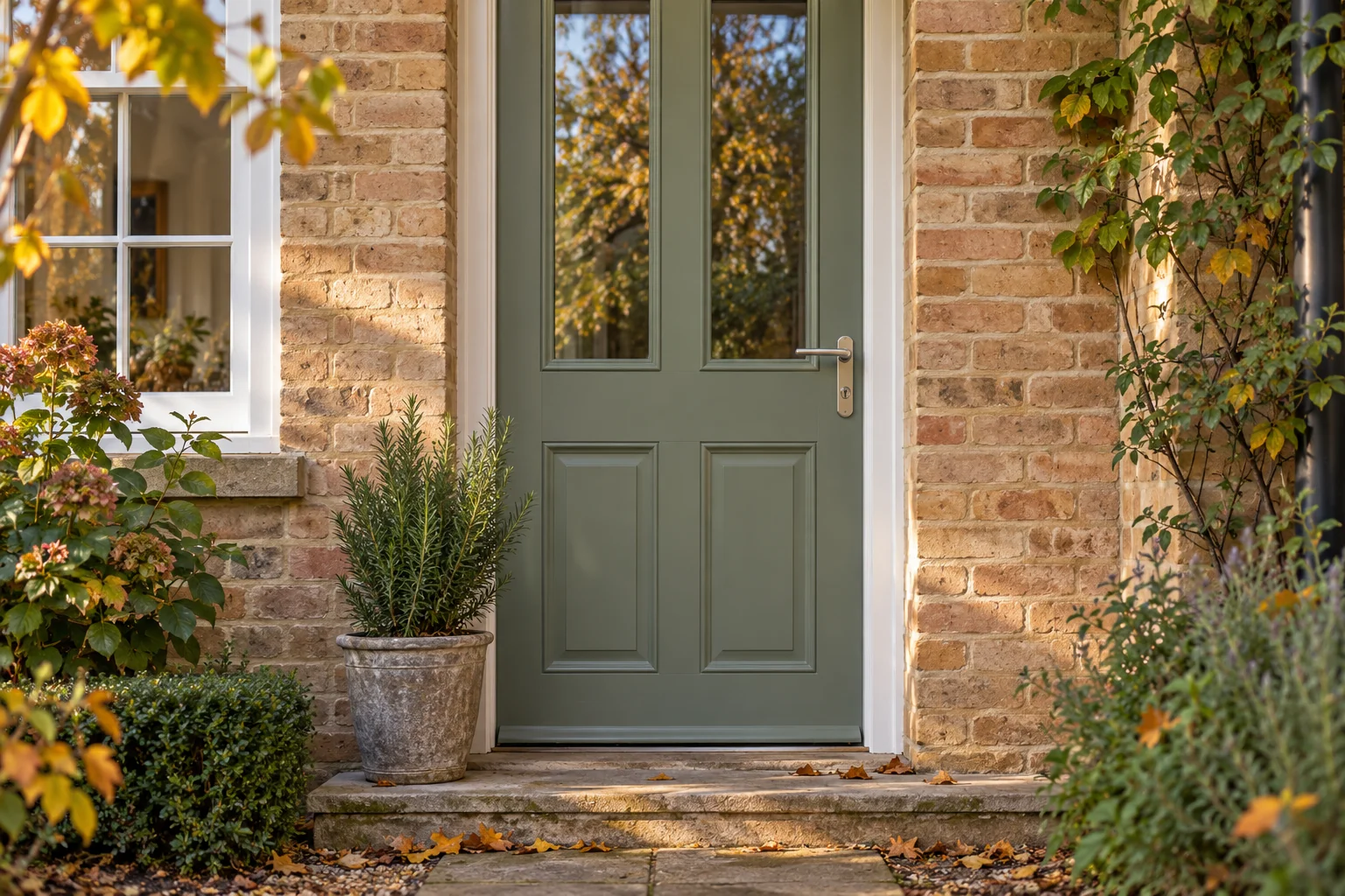 Sage green front door with silver lock and handle on a brick home