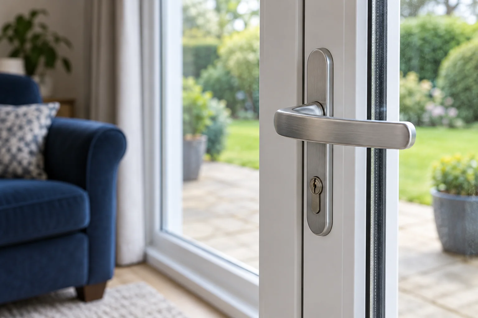 Silver handle and cylinder on a white uPVC patio door